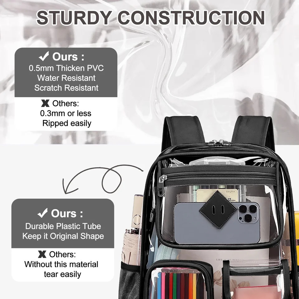 Large transparent backpack heavy-duty sports stadium approved girls backpack waterproof PVC transparent girls backpack 241106