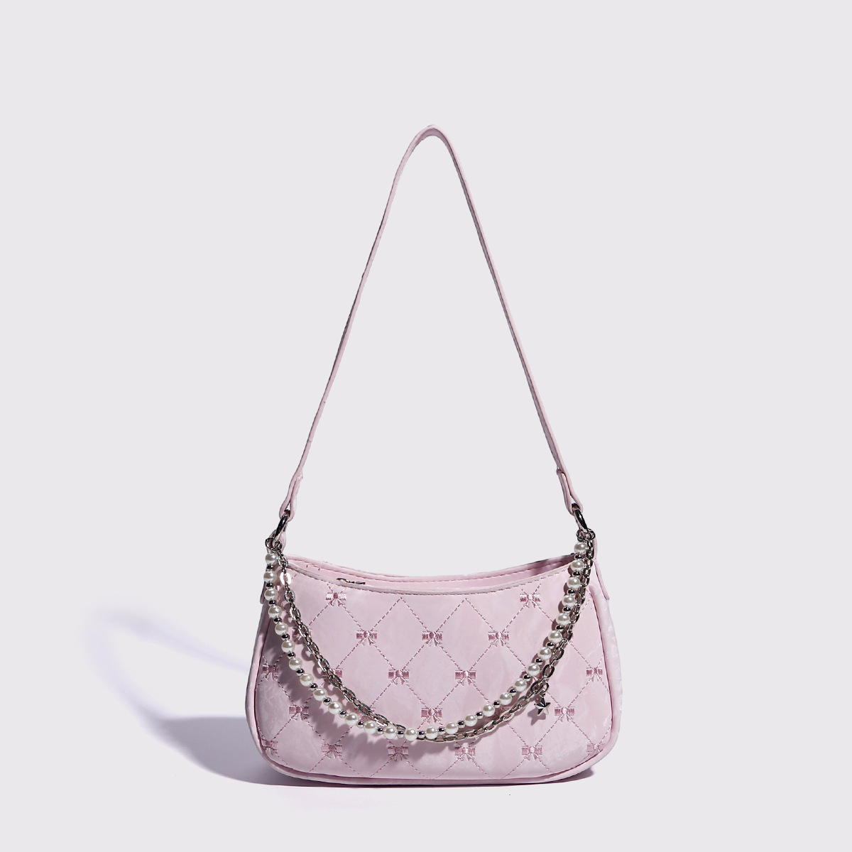 Women's New Bag Pink Pearl Metal Double Chain Underarm Handbag White Commuter Bags
