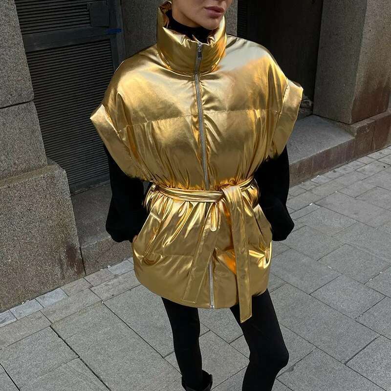 Talenza Women's Winter Glossy Zipper Belt Vest Casual Sleeveless Warm Lapel Down Cotton Jacket Female