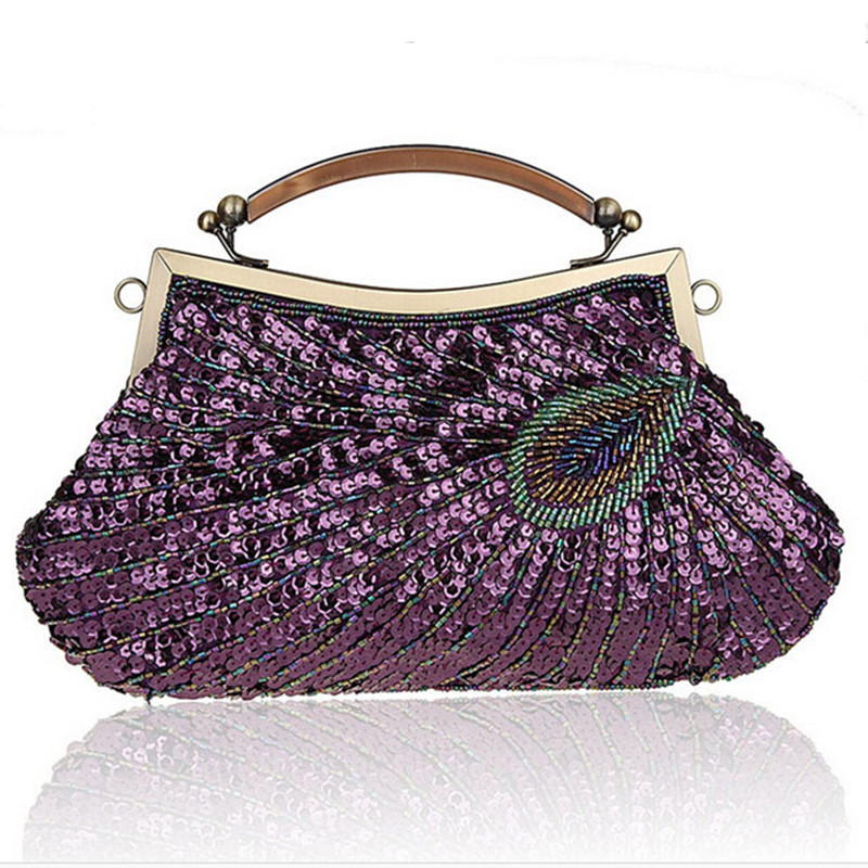 Handmade beaded sparkling bling satin and sequins lady handbag vintage women shoulder bag evening party clutch purse with chain