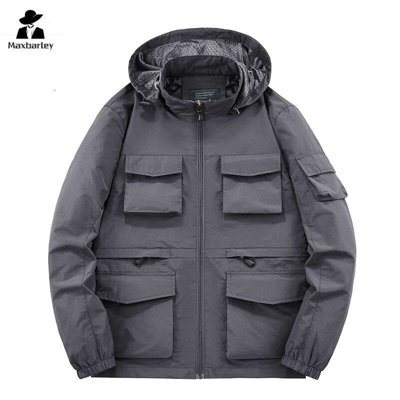 Workwear Men's Spring And Autumn Casual Thin Multi-Pocket Hooded Windbreaker Outdoor Waterproof Plus Size Sports Jacket