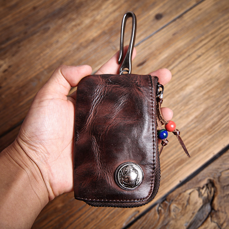 ROOG Men's Genuine Leather Home Car Key Bag Vintage Key Chain Luxury Cowhide Coin Purse Women's Zipper Mini Wallet Card Holder