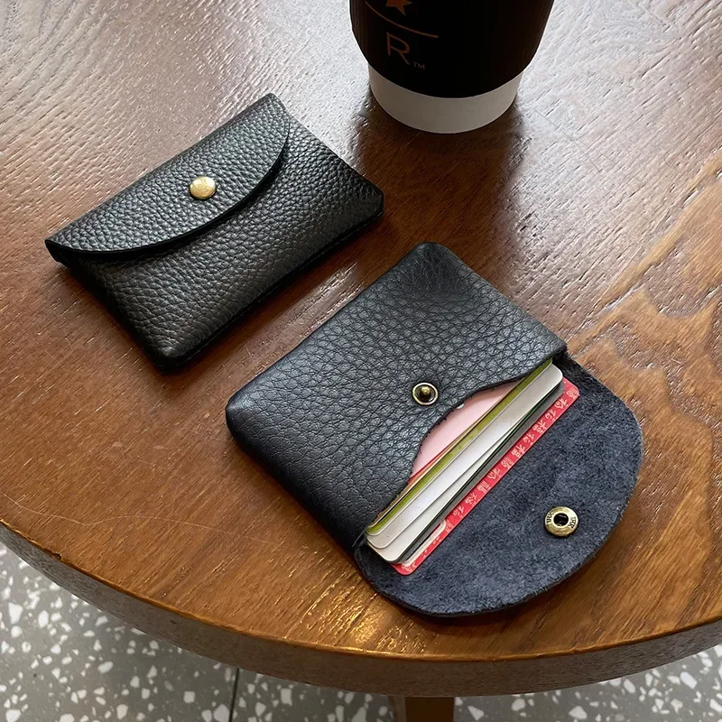 Genuine Leather Mini Envelope Wallet Coin Purse Simple Buckle Cowhide Large Capacity Card Holder Small Change Bag