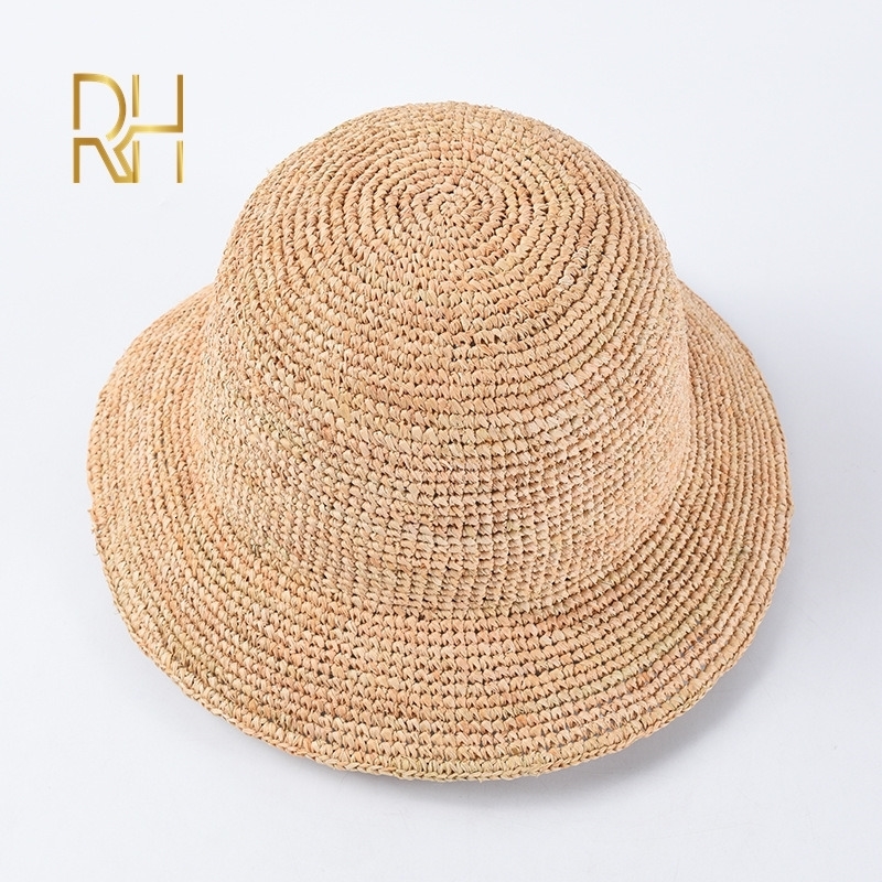 Handmade Ladies Crochet Natural Raffia Straw Bucket Hat For Spring Summer Beach Floppy fisherman Caps y240320