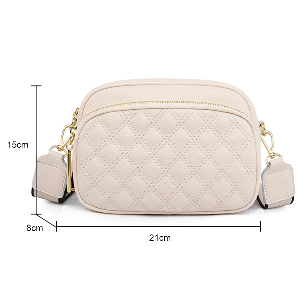 Cowhide Leather Crossbody Bag Women Multi-layer Pocket Fashion Shoulder Bag Wide Strap Solid Satchel Rhombus Pattern Sling Purse