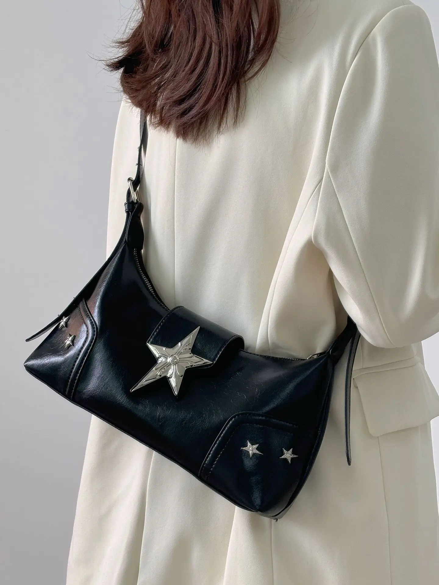 Fashion Womens Shoulder Bag Star Rivet Y2k Wallet Girl Underarm Cross Body Bag Soft Pu Leather Womens Handbag 241106