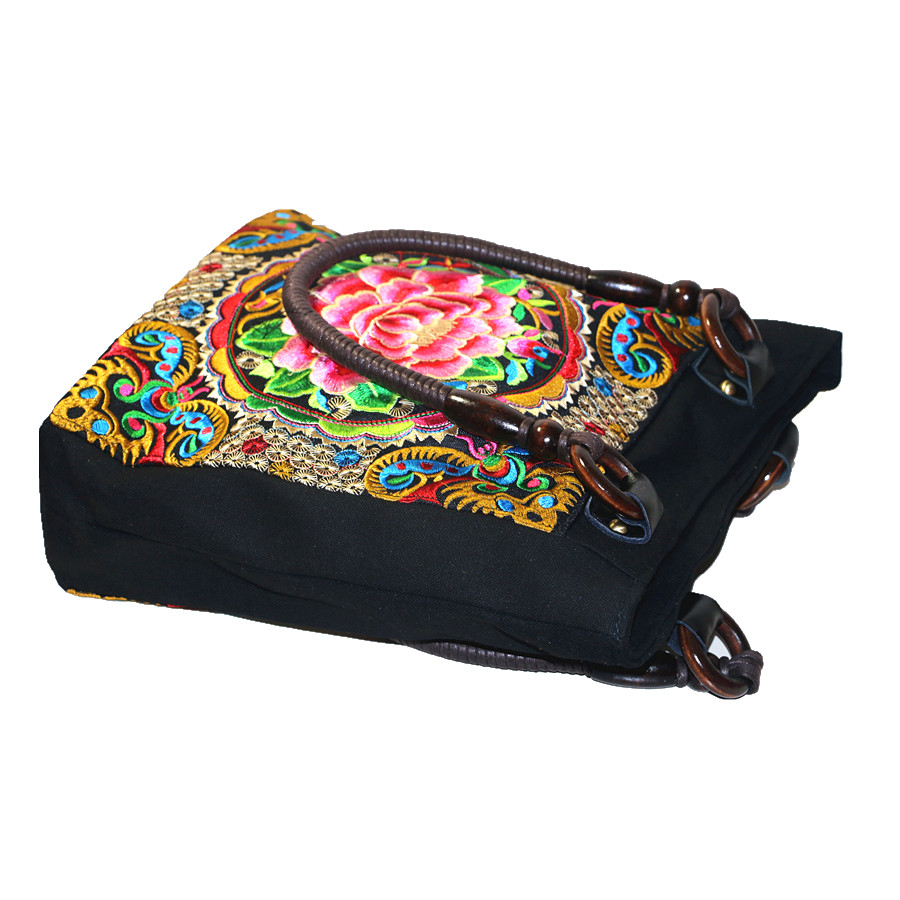 Canvas Cotton Women Ethnic Flower Embroider Shoulder Bag Casual Travel Hand Tote Shopping Bag Vintage Beach Bag Beading Handle