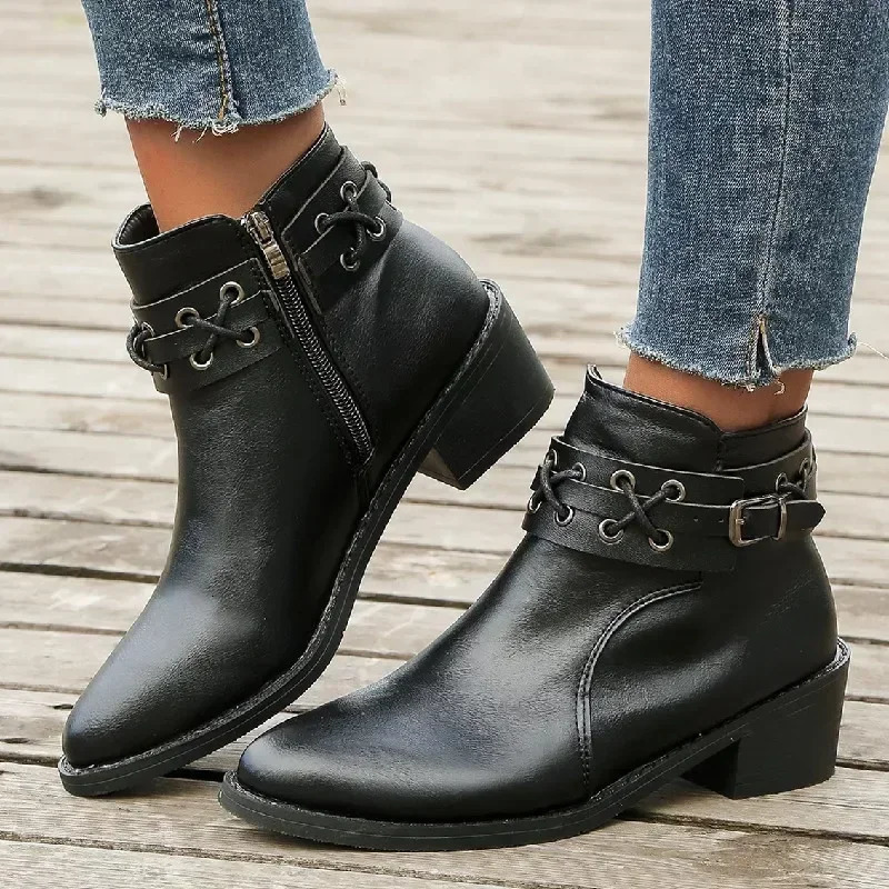 Womens Ankle Boots Autumn/Winter Pu Leather Short Boots Womens Side Zipper Thick Heel Riveted Leather Boots Womens Size 2024 241106