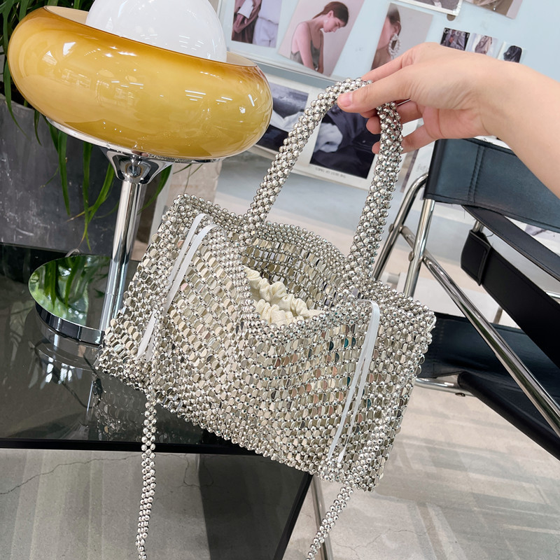 Retro Metal Bling Shiny Bag Hand-Woven Beaded Bag Sequined Pearl Bag Shopping Bag Shoulder Handbag