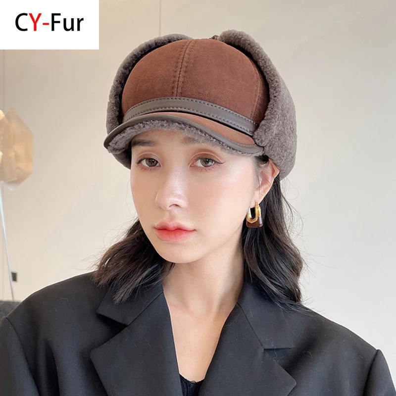 high-quality winter leather hat womens fur Lambswool warm thick ear flap bomber hat womens baseball hat Russian hat 241106