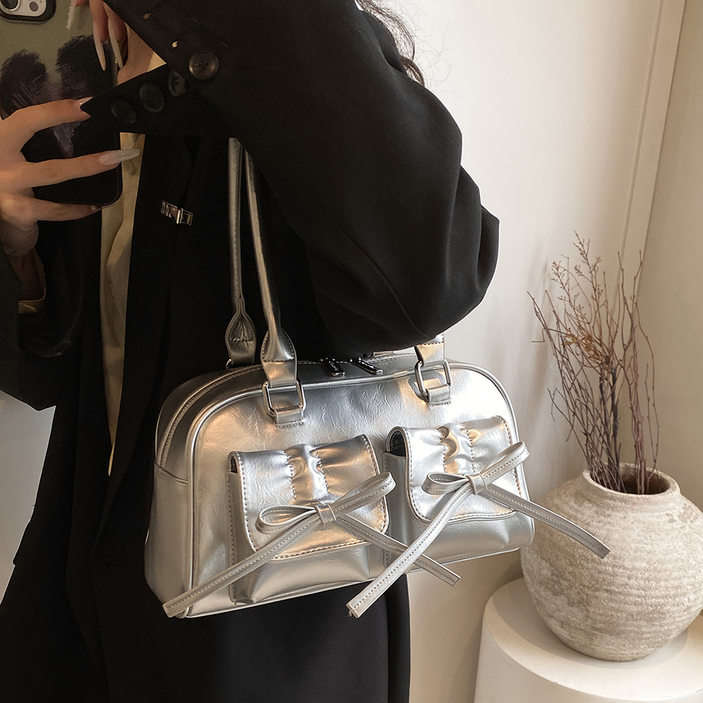 Women Stylish Underarm Bag Double Pockets PU Leather Simple Shopping Bag with Bow Small Tote Bag Solid Color for Travel Vacation