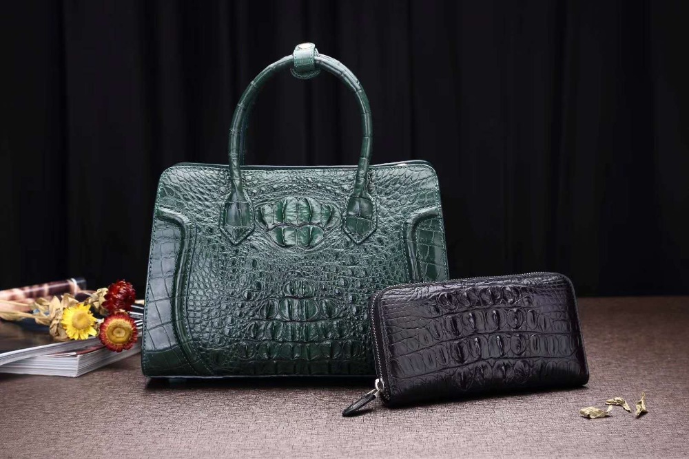 Medium size 100% genuine crocodile skin leather women shoulder bag dark blue color alligator head skin women tote cross body bag