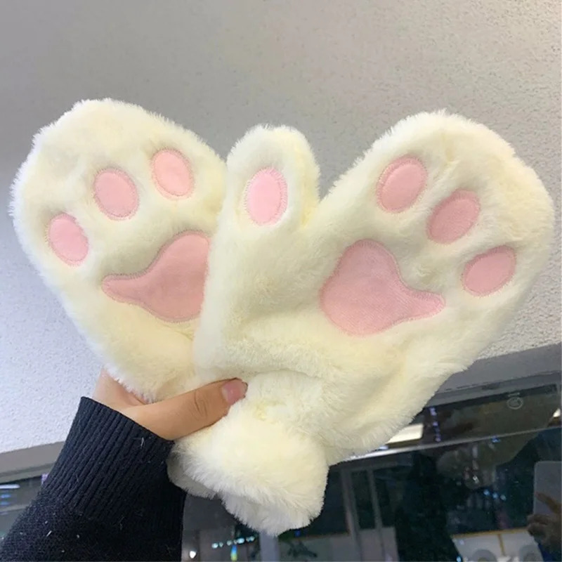 Soft Plush Winter Thick Warm Gloves for Womens Girls Korean and Japanese Cute Cat Claw Gloves Rabbit Fur Full Finger Casual Cycling Gloves 241107