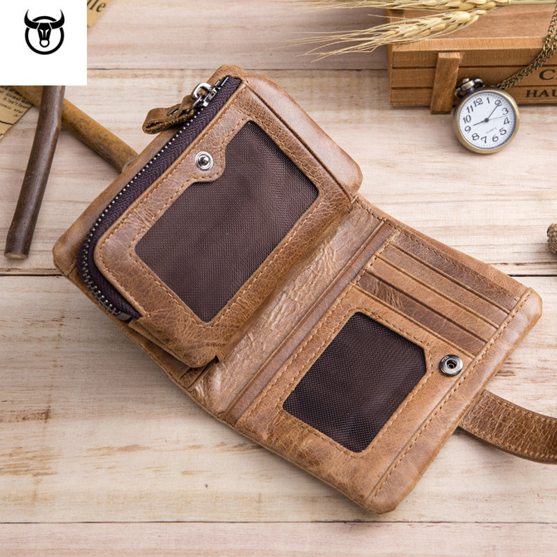 Genuine Crazy Horse Leather Men Wallets Vintage Trifold Wallet Zip Coin Pocket Purse Cowhide Leather hasp Wallet For Mens