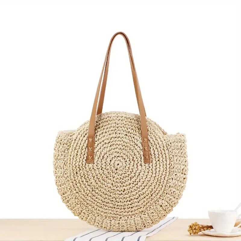 Hollow Woven Straw Bag Round Vacation Shoulder Bag Large Capacity Simple Round Woven Beach Bag Casual Shoulder Bag Travel