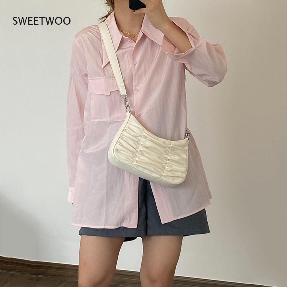 Fashion Solid Color Shoulder Underarm Bag Pleated Pu Leather Vintage Square Bag Street Travel Chain Money Handbags Totes 2021
