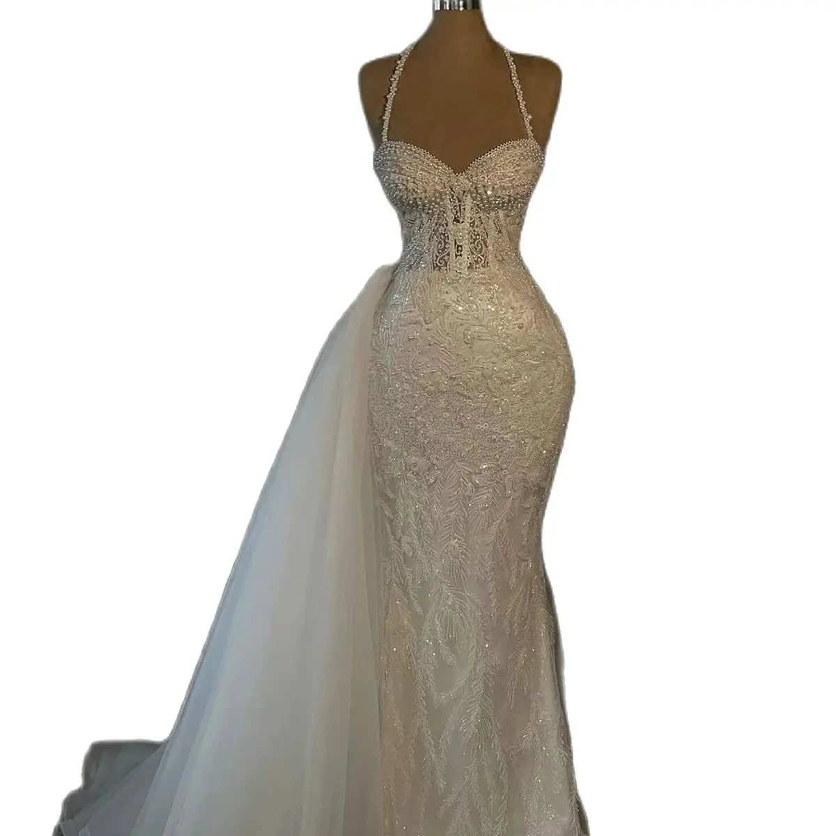 Elegant Mermaid Wedding Dress Sweetheart Neck Halter Pleats Bridal Gowns Pearls Lace Appliques Sweep Train Dresses Custom Made vestidos de novia