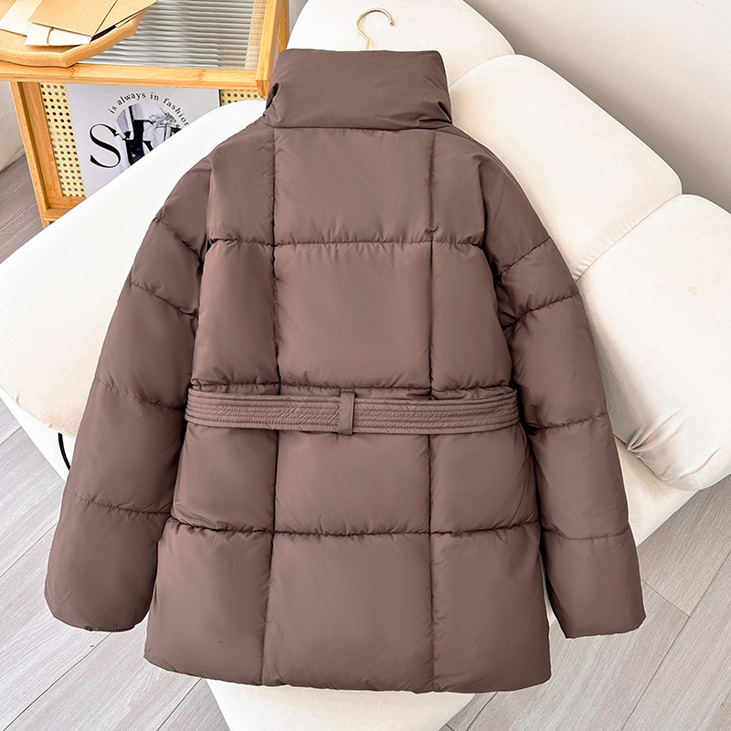 Women's Down Parkas Fandy Lokar Winter Stand Collar Parkas Women Fashion Tie Waist Short Coats Women Elegant Solid Puffer Jackets Female Ladies 2