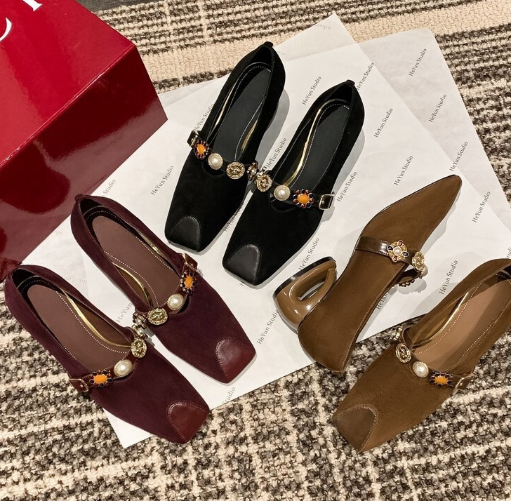 Designer Pearl Buckle Mary Jane Shoes for Women Elegant French Style Exquisite Footwear Black, Red, Brown | Free Shipping 793f