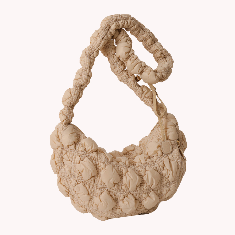 Women Cloud Pleatd Bag Nylon Quilted Crossbody Bag Zipper Solid Color Drawstring Strap Adjustable Female Casual Handbag