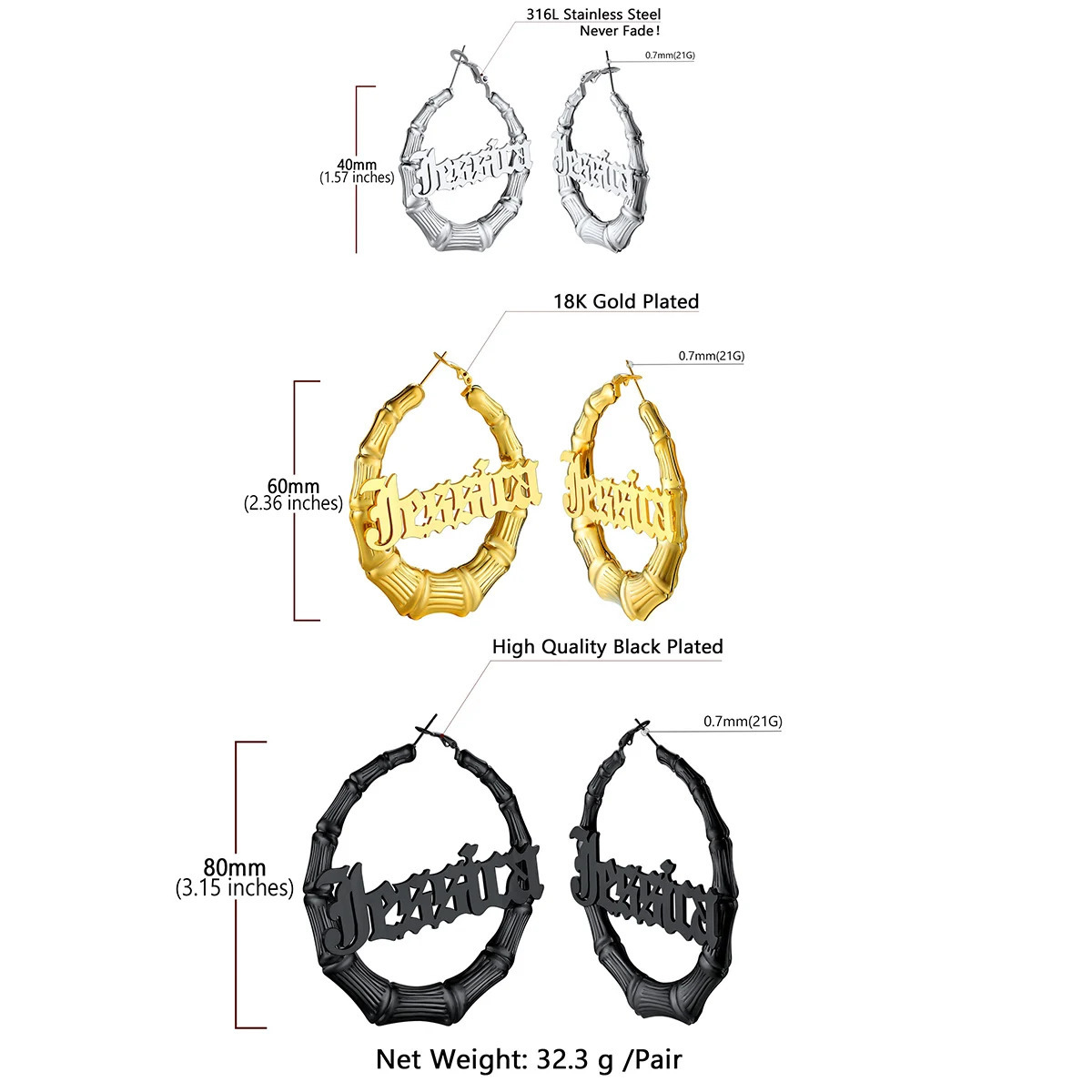 U7 Large 40/60/70/80mm Customized Name Bamboo Hoop Earrings Suitable for Women Pendant Personalized Name Jewelry BFF Birthday Gift 241106