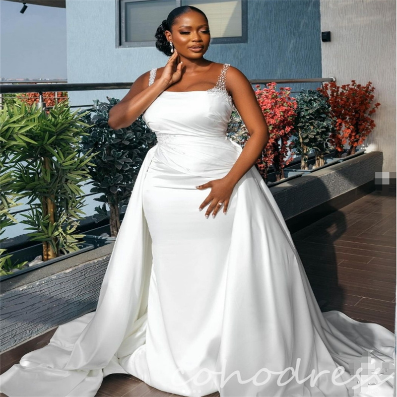 African Mermaid Wedding Dresses With Detachable Train Plus Size Beaded 2 in 1 Country Bridal Gowns Satin Nigerian Vestio De Novias Elegant Robe De Mar