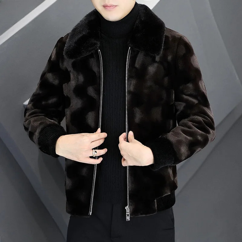 Winter mens high-end mink coat mens fashionable polo collar thick leather coat casual plus size solid color coat 241107