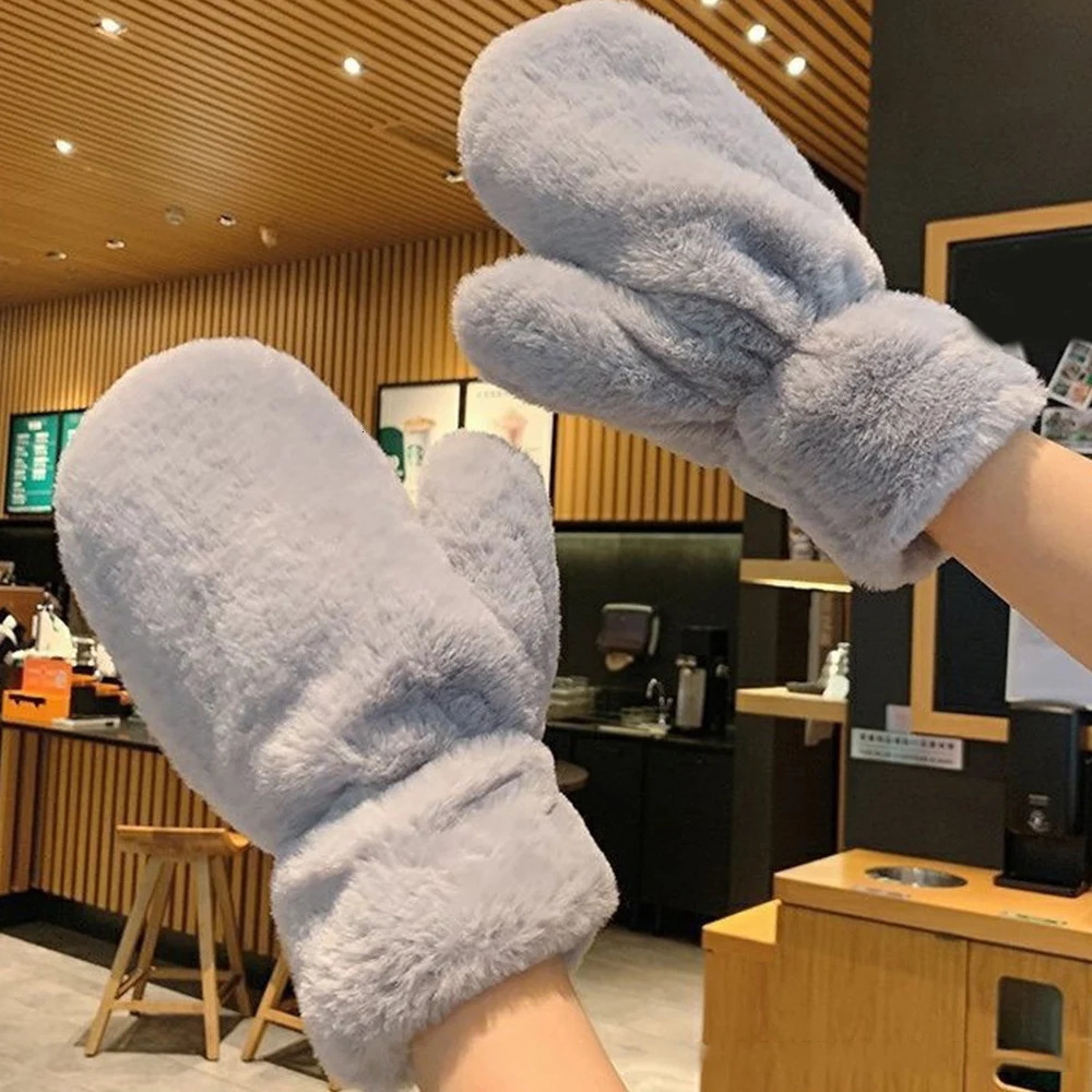 Korean Womens Winter Solid Color Plush Fluffy Warm Gloves Thick Windproof Refrigeration Gloves Edition 241107