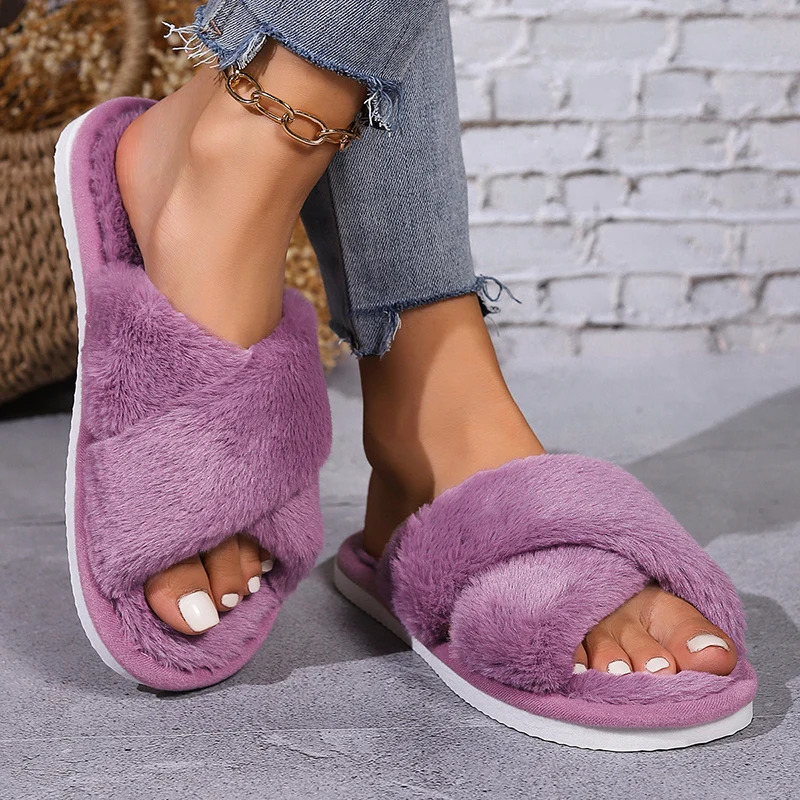 Fashion Cross Band Fluffy Furry Slippers Women Cozy Open Toe Leopard Print Plush Home Shoes Woman Flat Heel Warm Fur Slides 241106