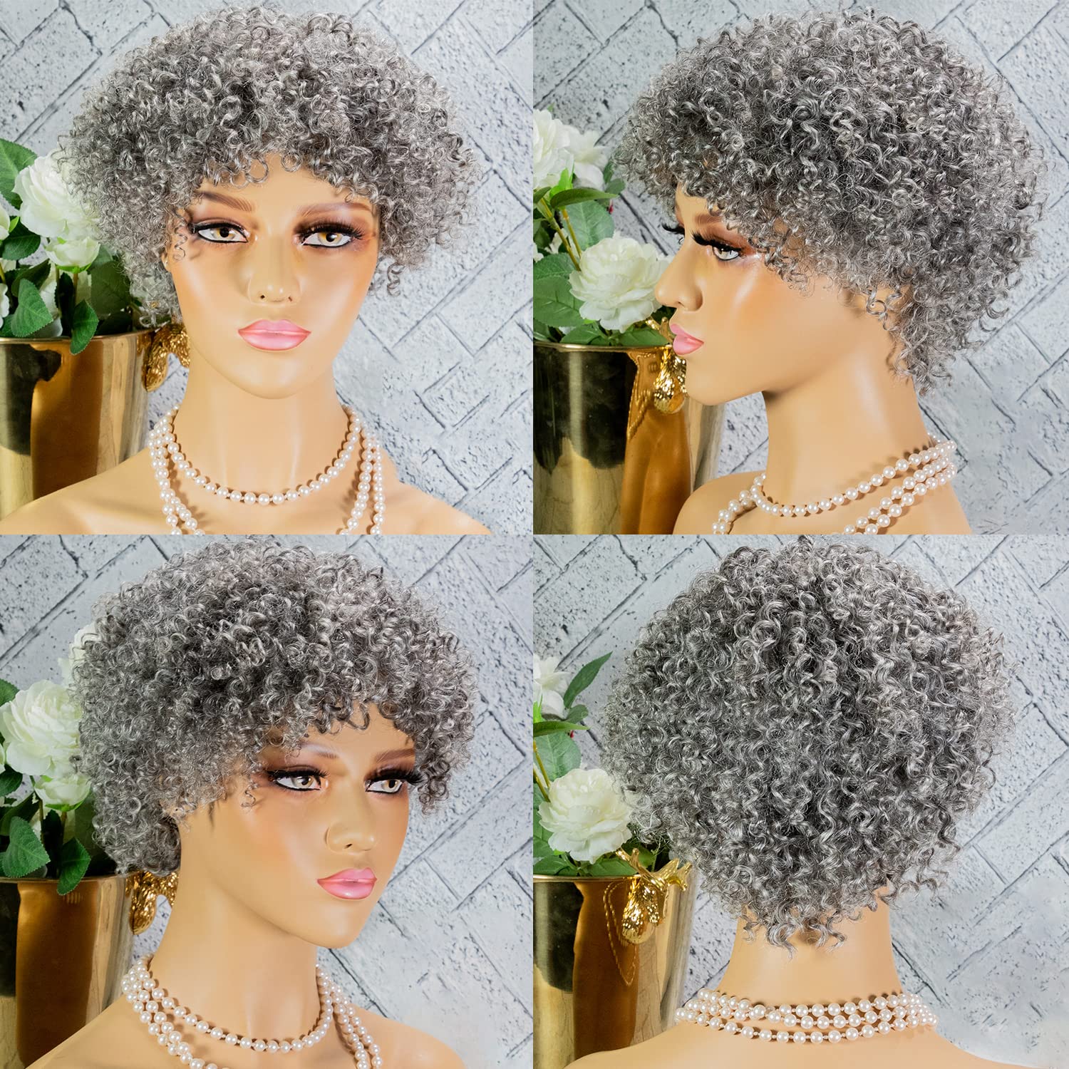 Grey Wig for Women Afro Kinky Curly Human Hair Wig Black salt and pepper silver Wig Glueless Gray Wig with Bangs Human Hair machine made none lace 150