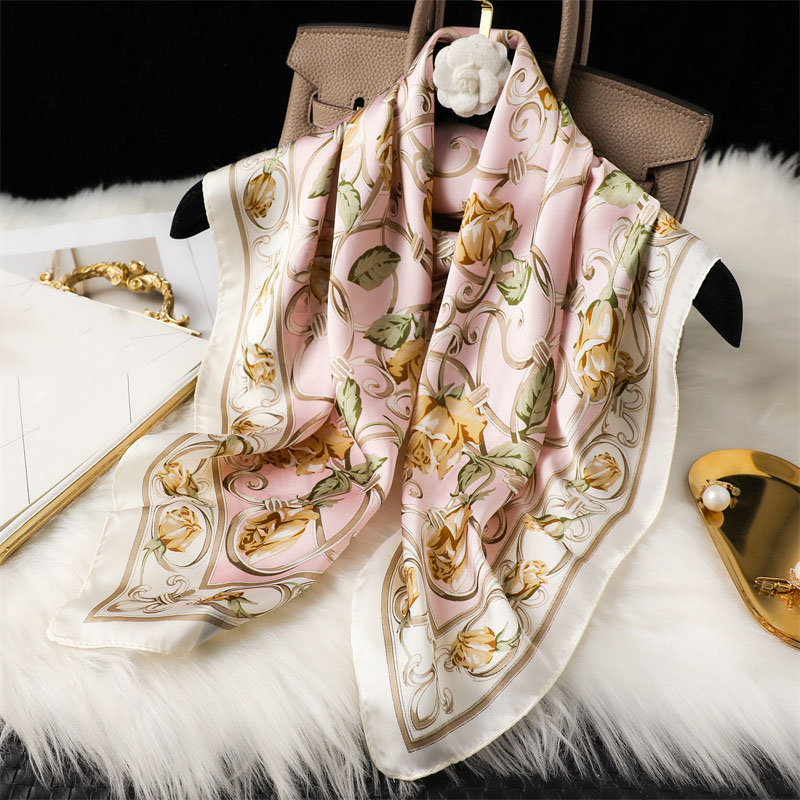70x70cm Simple Fashion Flower Print Chain imitate Silk Scarf Headband for Women Fashion Handle Bag Scarves Paris Shoulder Tote Luggage Ribbon Head Wraps FJ203