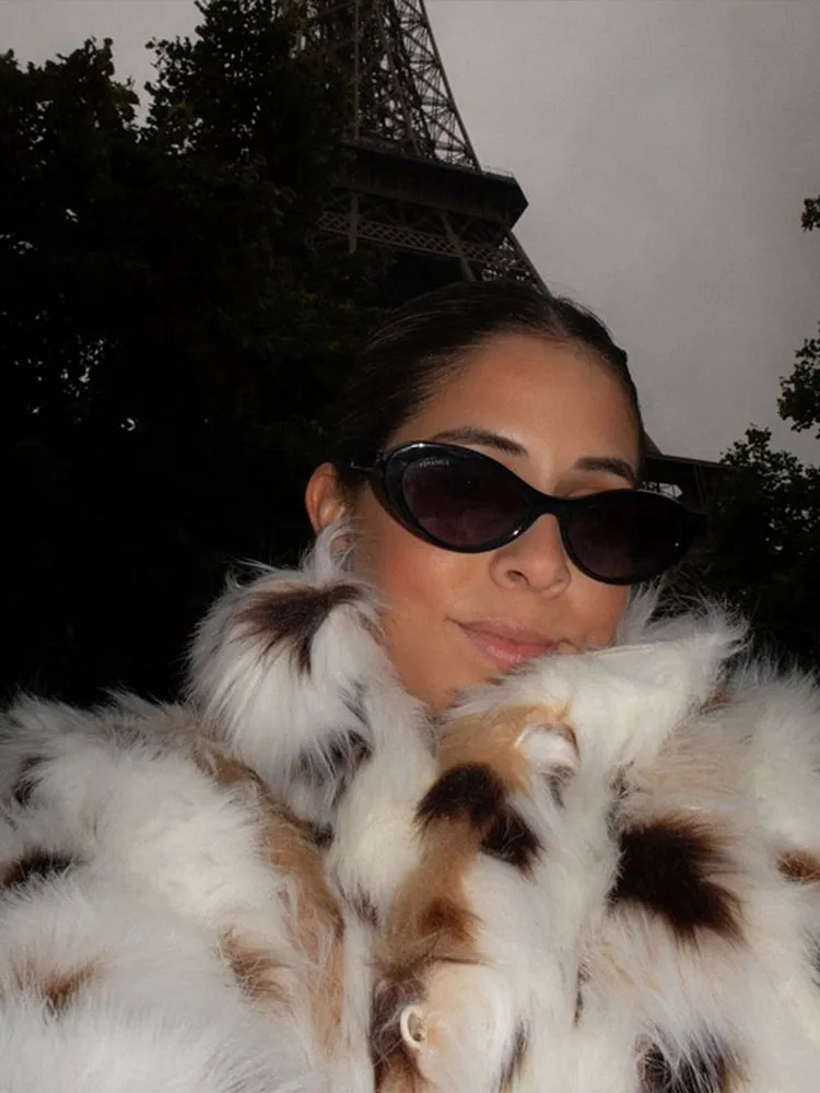 Fashion Printed Women Fluffy Faux Fur Coats Elegant Stand Collar Long Sleeve Short Jackets Winter Lady High Street Warm Outwear 241107