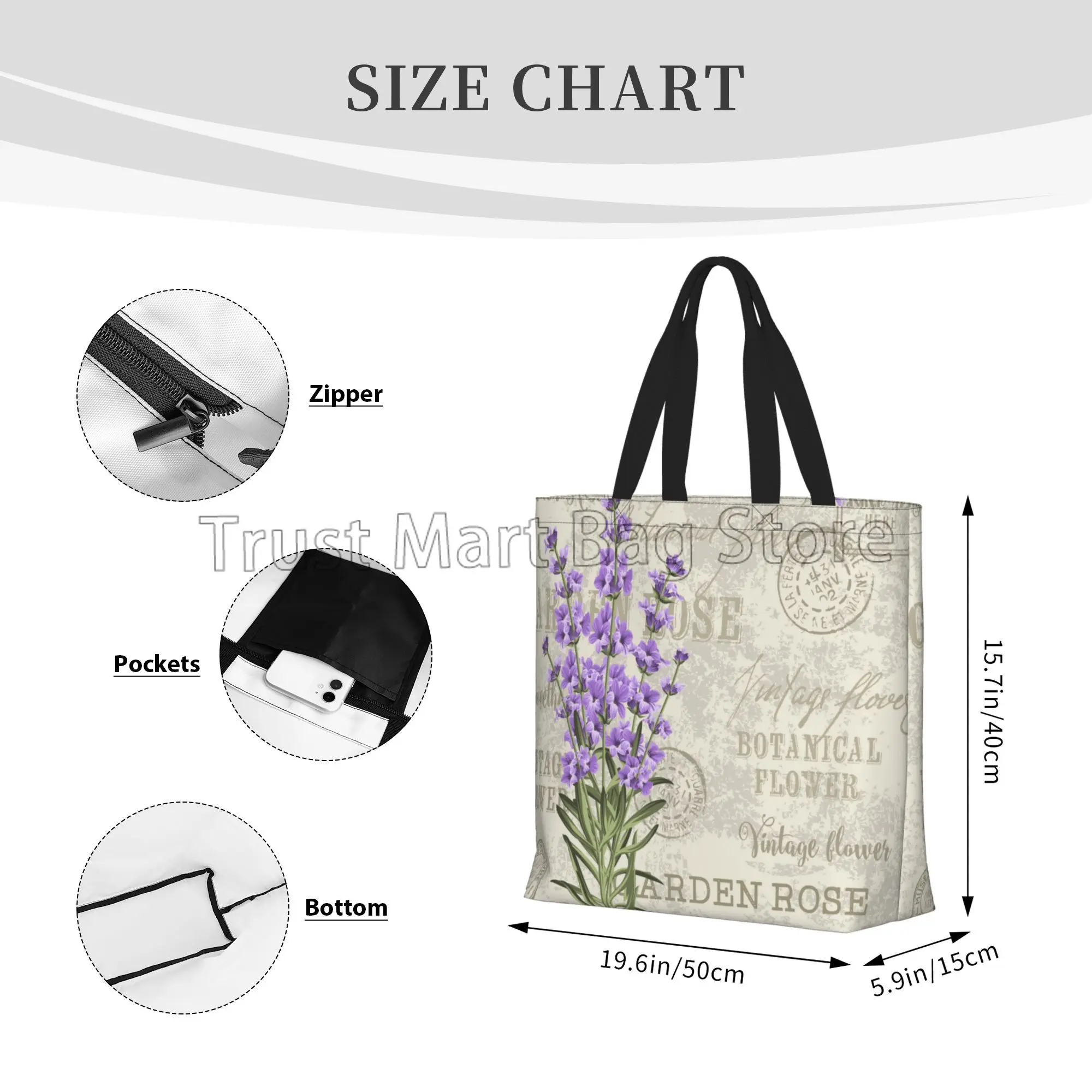 Vintage Lavender Flower Stamp Canvas Tote Bag Large Women Casual Shoulder Bag Handbag Reusable Multipurpose Shopping Grocery Bag