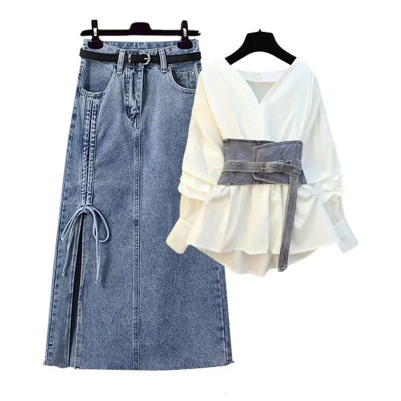 2024 Womens Autumn Suit Sensibility Denim Skirt Waist-fitted Shirt 2-piece Set Niche Fashion 241107