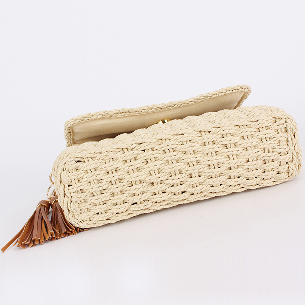 Women Retro Straw Handbag Large Capacity Straw Crossbody Bag Solid Color Weaving Satchel Bag Ladies Summer Daily Bag