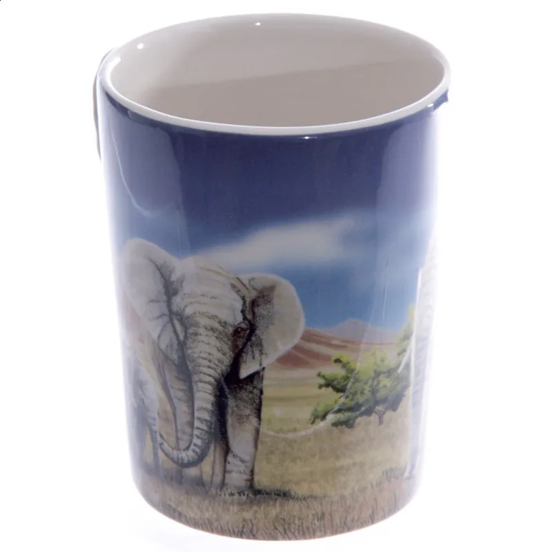 1Piece Creative Animal Cup Elephant Shaped Handle Mug With Savannah Decal Ceramic Office Coffee Mugs 240407