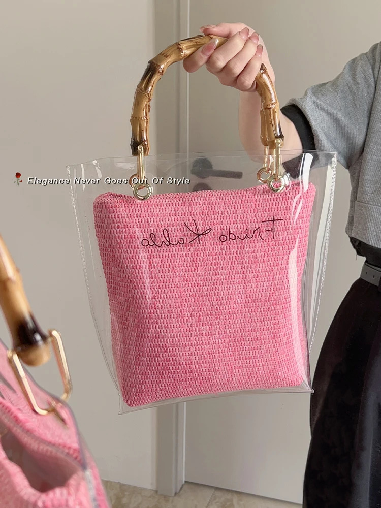 Transparent handbag summer sequin bucket bag fashionable single shoulder cross bag bamboo handbag 241106