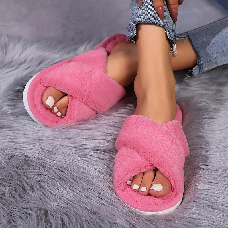 Fashion Cross Band Fluffy Furry Slippers Women Cozy Open Toe Leopard Print Plush Home Shoes Woman Flat Heel Warm Fur Slides 241106