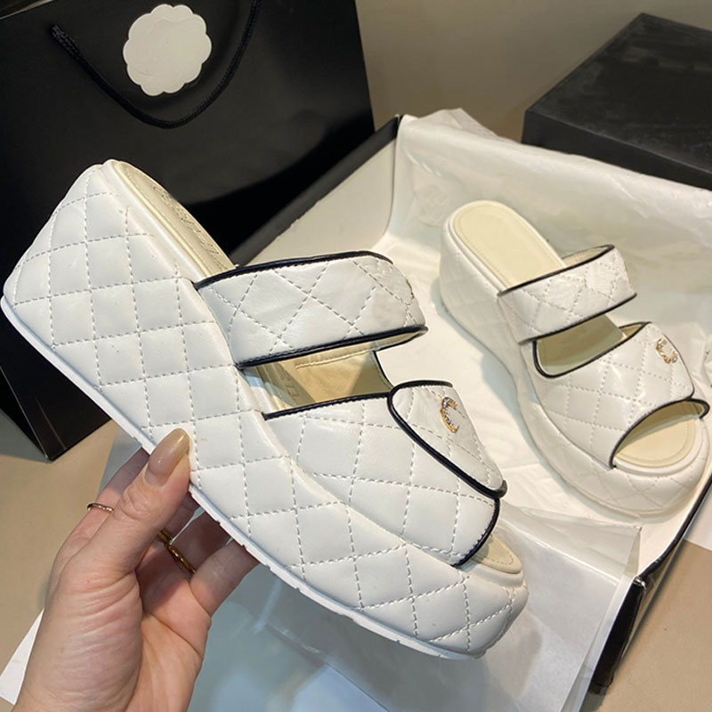 Platform Sandals Slide Designer Slippers Wedge Heel 6cm Beach Classic Argyll Metal Letter Sandals Luxury Summer Lady Leather Flip Flops Top Quality Women Slides
