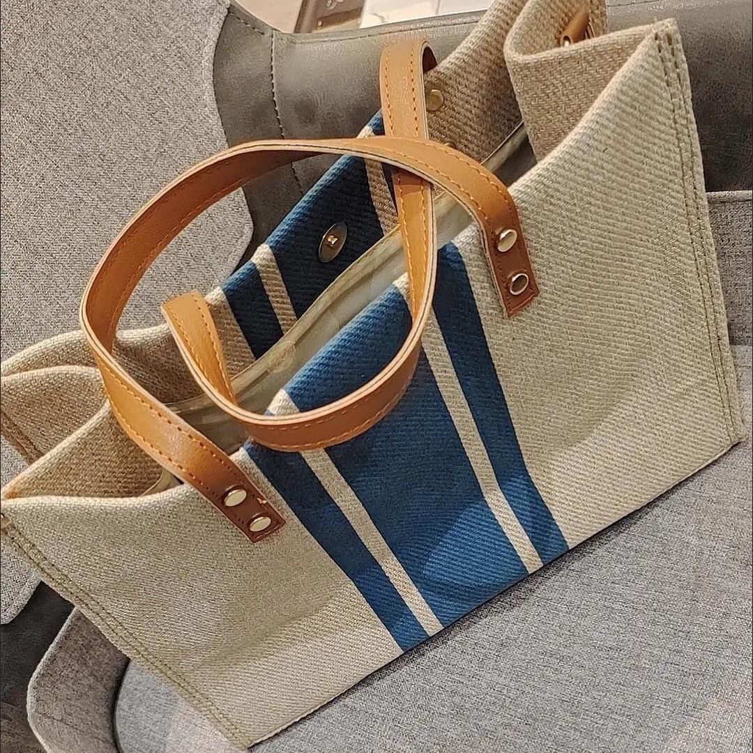 Simple Fashion Large-capacity Handbag For Ladies Vintage Striped Tote For Female Portable Ol Business Briefcase Korean Style