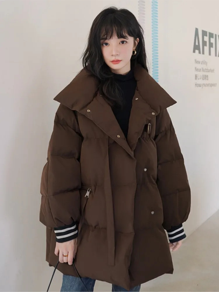 Brown Puffer Jacket Winter Womens Stand Collar Parkas Thick Warm Cap Botton Coat Korean Fashion Coat 241107