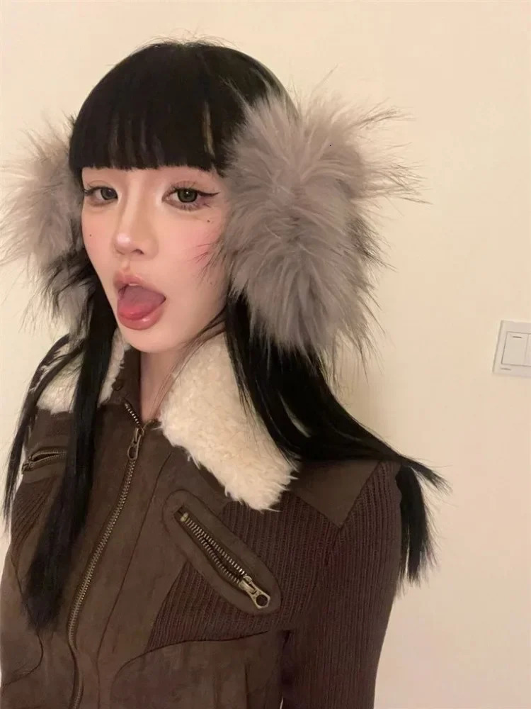 Japanese Y2k fur coat womens retro brown knitted jacket retro Korean zipper winter 2000s aesthetics 241107