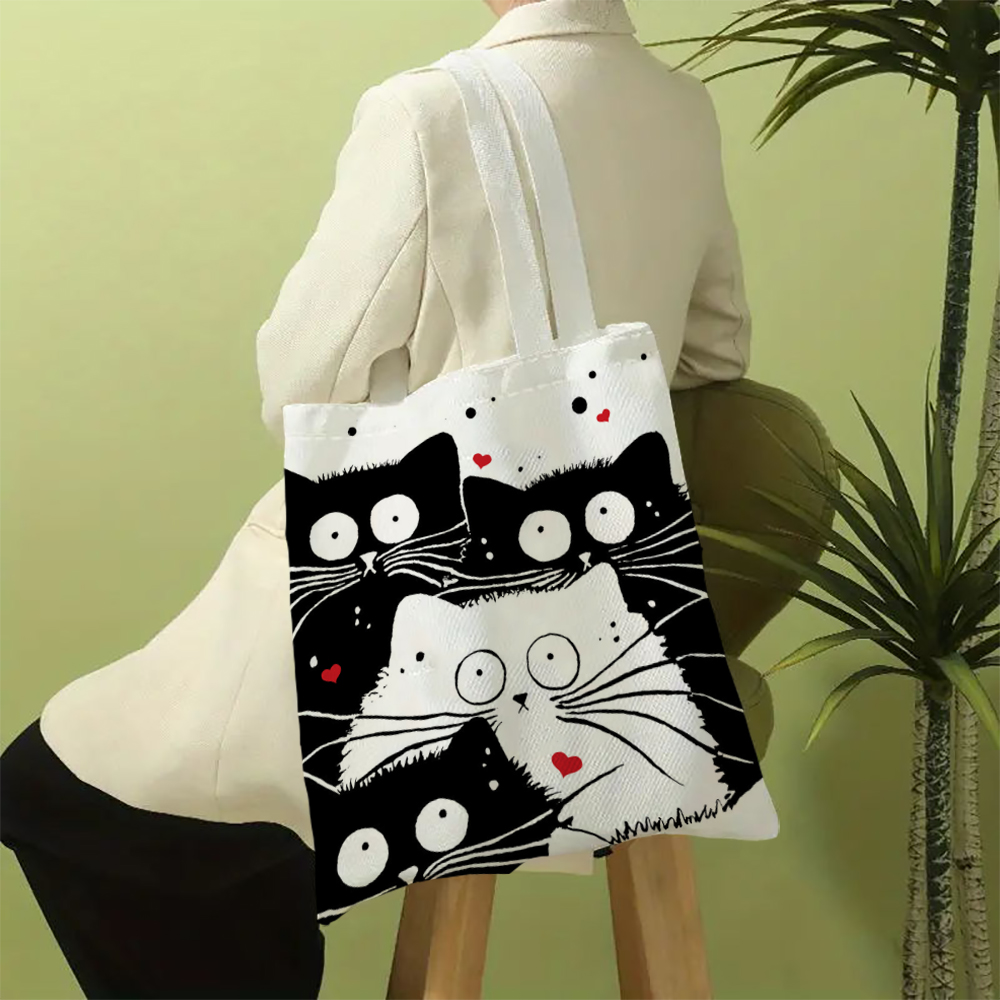 Cute Cat Shopping Grocery Reusable School Girl Gift Andeiltech Linen Tote Bag for Women Aesthetic No Zipper