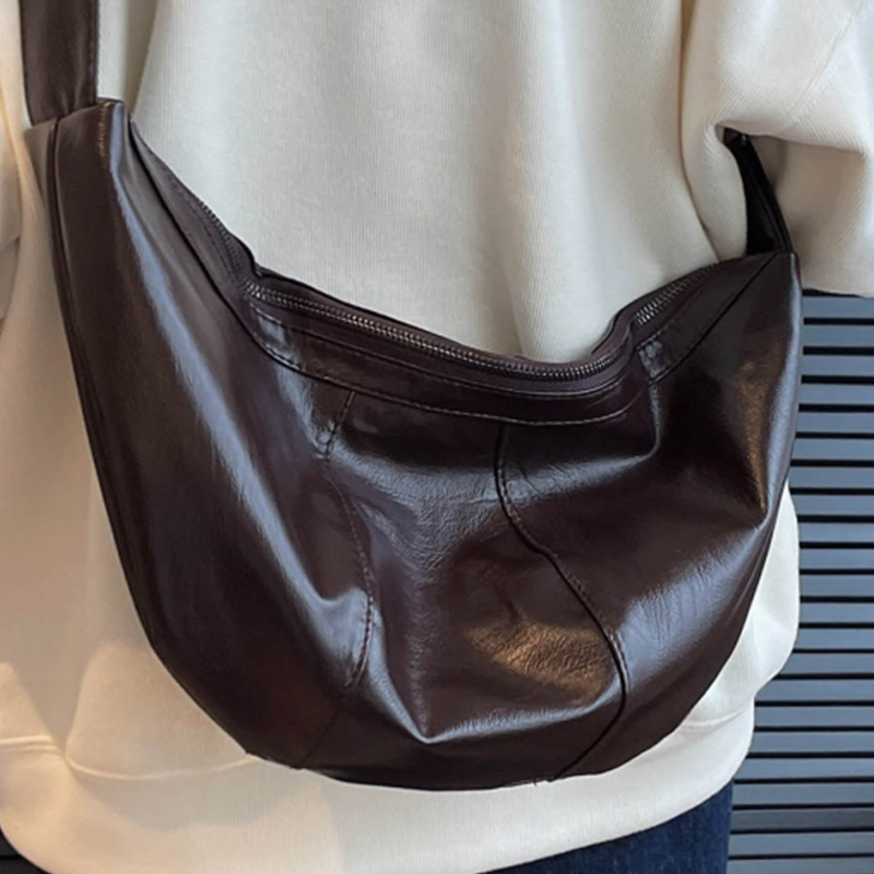 Women's Large Banana Crossbody Bag Aesthetic Coffee Lacquer Large Female Handbag Oil Wax Leather Lovers' Half Moon Shoulder Bags