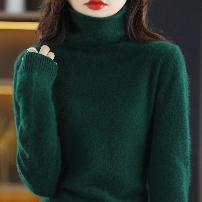 High Collar Mink Cashmere Sweater Womens Pullover AutumnWinter Knitted Sweater Loose Bottom Fashion Basic Top 241107