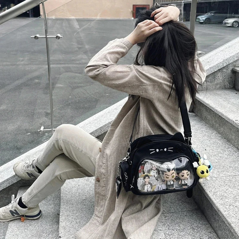 Suitable for womens white backpack Y2K Korean Kawaii cat Ita bag PU cute girl transparent pocket aesthetic shoulder cross body bag 241106