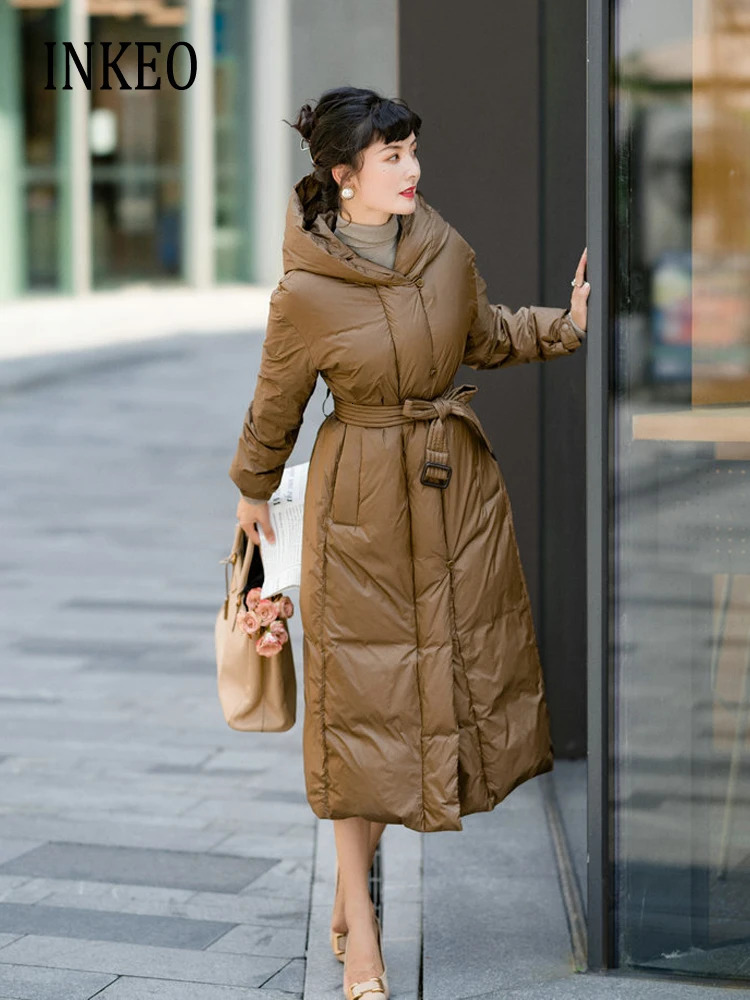 Winter Hoodie Womens Down Jacket Fluffy Retro Brown Coat Wtih Sasshes Parkas Black 3O198 241107