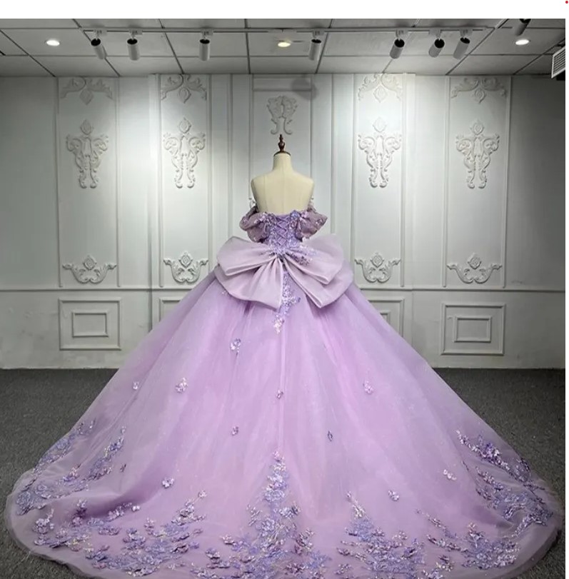 Lavender Glitter Sweetheart Quinceanera Princess Prom Party Dresses 3D Flowers Applique Ball Gown Sweet 15 16 Dress For Girls 1107