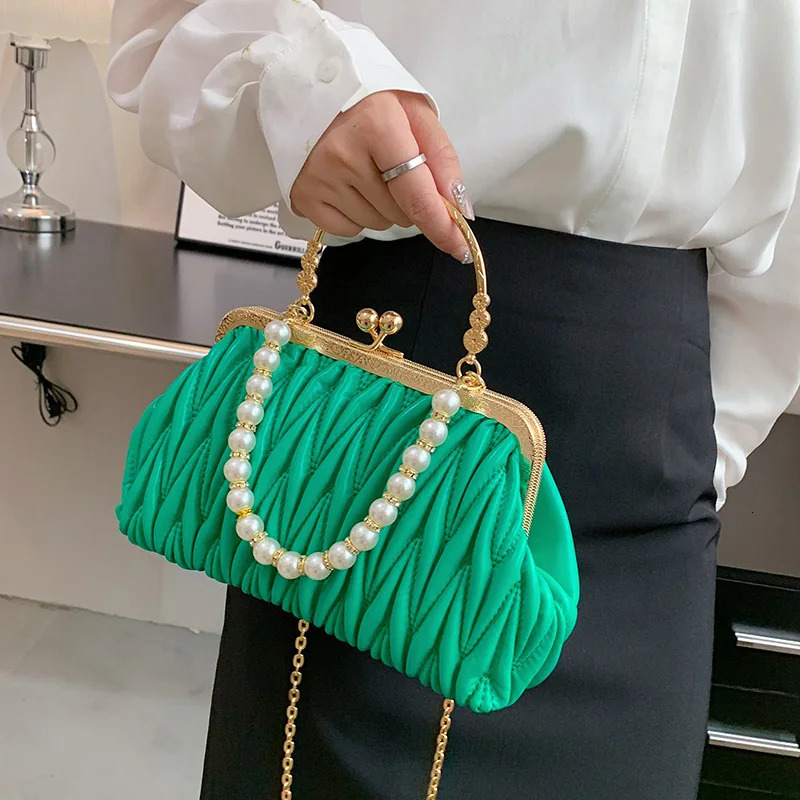 Fashion womens orange green shoulder bag promotion clutch pearl chain cross body bag womens fashion handbag Pu leather handbag and wallet 241107