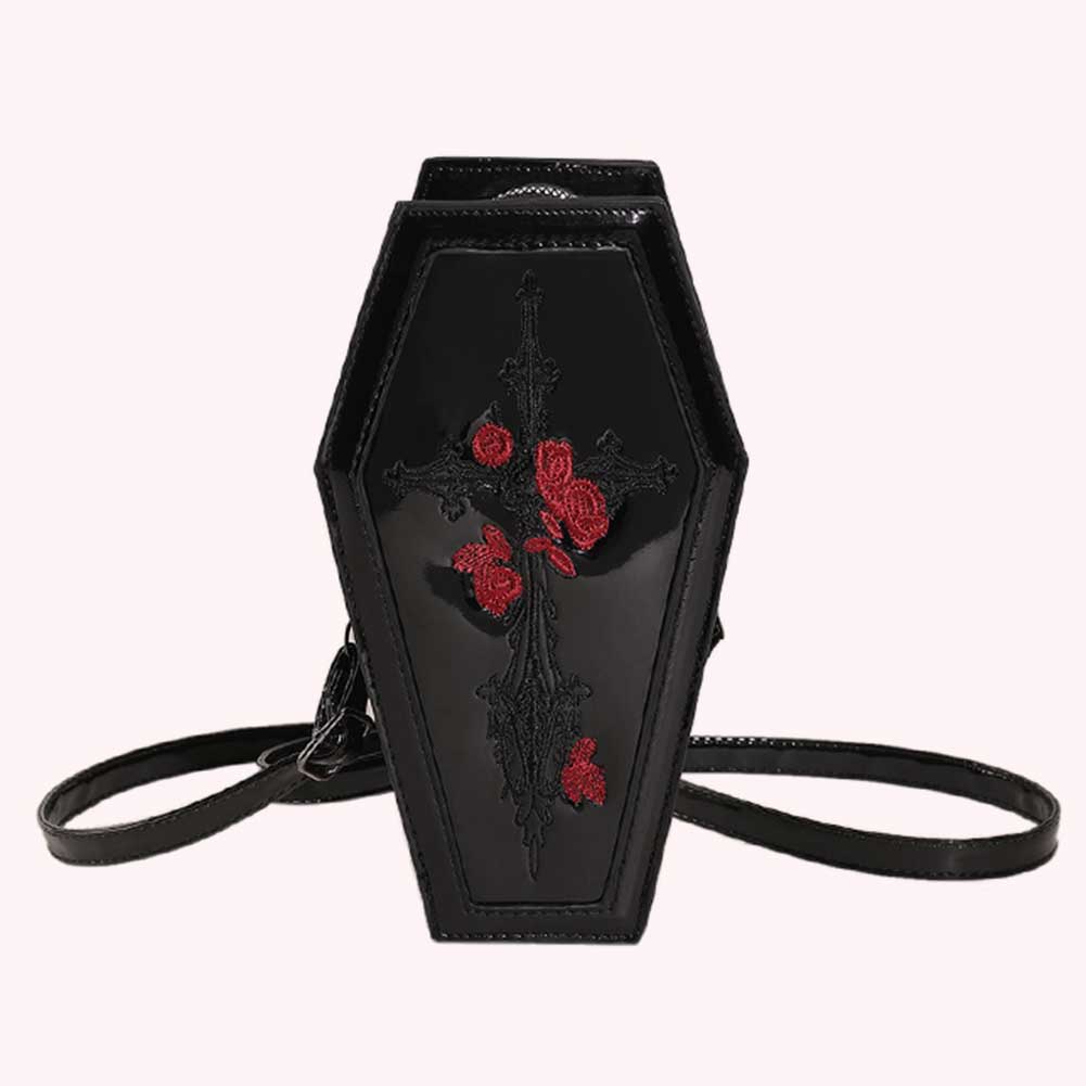 Women Coffin Satchel Purse Cartoon Gothic Crossbody Bag Novelty Rose Crossbody Pouch Casual Satchel Bag Halloween Gift